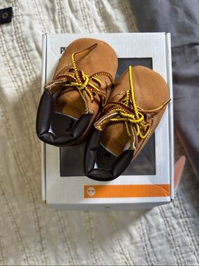 Timberland Tan Baby Leather Boots with Yellow and Red Laces